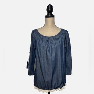 J AND M DENIM BELL SLEEVED TOP W OPEN CROCHET DOWN SLEEVES size Small NWT